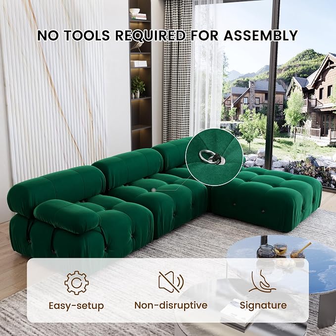 104" Convertible Modular Sectional Sofa, L-Shaped Velvet Sectional Couch with Chaise Ottoman, Minimalist Modern Sofas for Living Room Bedroom Office Apartment (Green)
