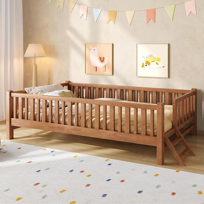 Merax Wood Twin Size Platform Bed with Guardrail, Kids Bed Frame with Stairs, Walnut