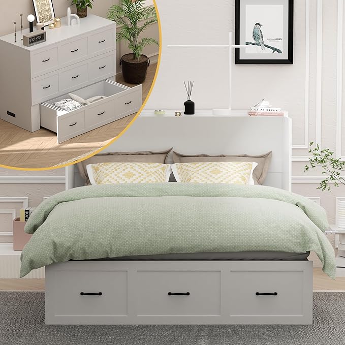 Full Size Murphy Bed with Charging Station and Drawer Farmhouse Cabinet Wood Space-Saving Hidden Folding Platform Bed Chest for Home Office Bedroom Guest Room Apartment,White