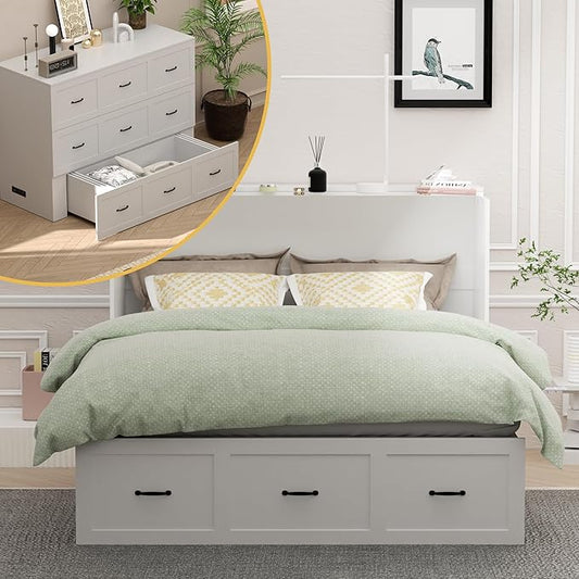 Full Size Murphy Bed with Charging Station and Drawer Farmhouse Cabinet Wood Space-Saving Hidden Folding Platform Bed Chest for Home Office Bedroom Guest Room Apartment,White