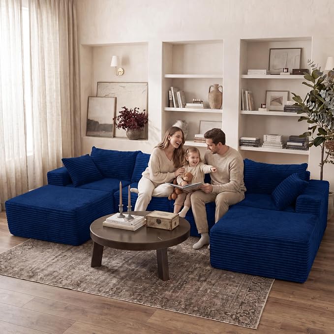 Claiks 120" Boneless Couch, Cloud Couch Sectional, U-Shape Corduroy Modular Sectional Sofa Deep Seat, Upholstered Couches for Living Room, No Assembly Required, Blue