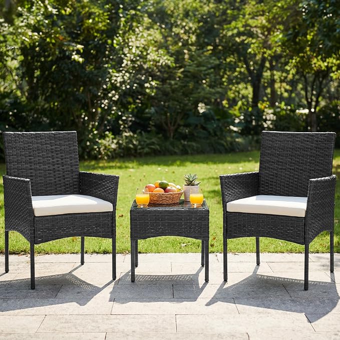 DUMOS 3 Piece Patio Furniture Set, All-Weather Outdoor Wicker Chairs with Removable Cushions & Tempered Glass Table, Small Bistro Set for Porch, Balcony, Lawn, Backyard, Black