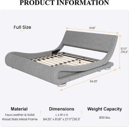 SHA CERLIN Full Size Upholstered Bed Frame, Deluxe Low Profile Sleigh Bed with Linen Ergonomics Headboard, No Box Spring Needed & Easy Assembly, Grey