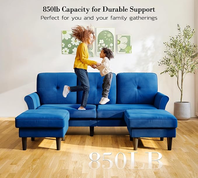 Kidirect Small Sectional Couch, 83" U Shaped Couch, Comfy Velvet Couches for Living Room, Tool-Free Setup Modular Sectional Sofa, 850lbs Load Sofas for Living Room with 2 Movable Ottomans, Blue Couch