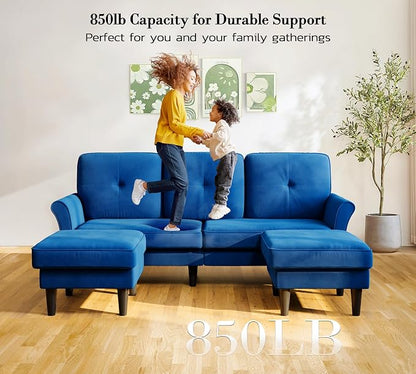 Kidirect Small Sectional Couch, 83" U Shaped Couch, Comfy Velvet Couches for Living Room, Tool-Free Setup Modular Sectional Sofa, 850lbs Load Sofas for Living Room with 2 Movable Ottomans, Blue Couch