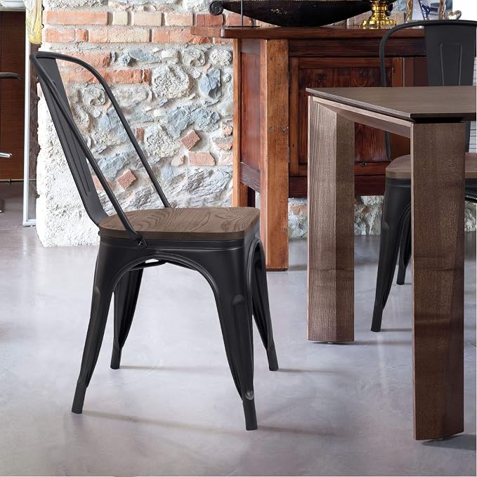 Furmax Metal Dining Chairs with Wood Seat, Indoor-Outdoor Use Stackable Chic Dining Bistro Cafe Side Metal Chairs Set of 4(Black)