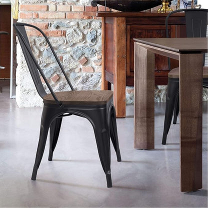 Furmax Metal Dining Chairs with Wood Seat, Indoor-Outdoor Use Stackable Chic Dining Bistro Cafe Side Metal Chairs Set of 4(Black)