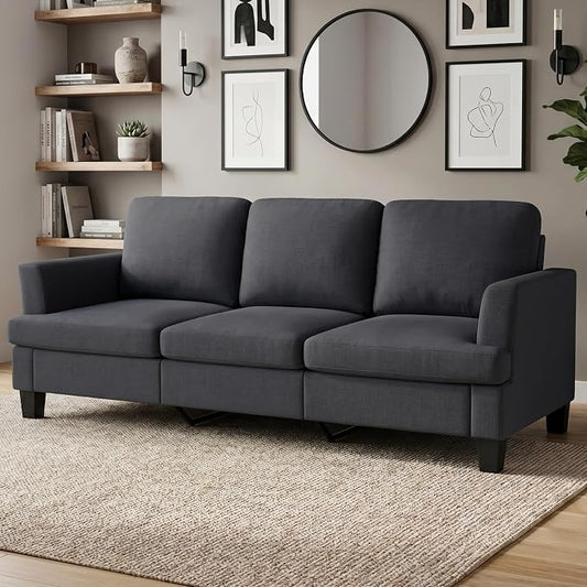 Modern 3 Seater Sofa for Living Room with Soft Deep Seats, Sofa 3 Seater in Linen, Upholstered Apartment Sofa with Armrests, Comfy Cozy Sofas for Bedroom (Linen, Dark Grey)