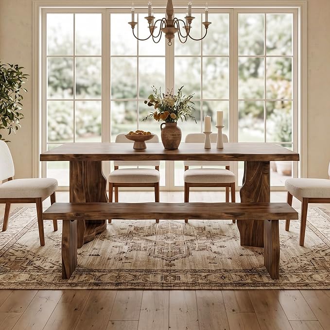63" Live Edge Solid Wood Dining Table, Modern Rustic Kitchen Table with Sculptural Legs, 6-Person Rectangular Dinner Table for Dining Room, Kitchen,Natural Dark Brown Finish