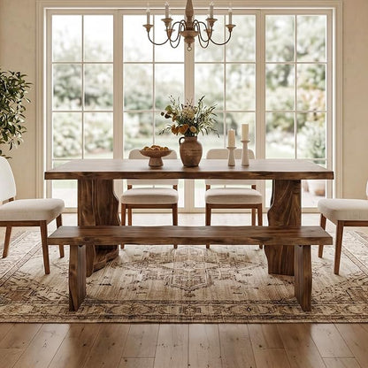 63" Live Edge Solid Wood Dining Table, Modern Rustic Kitchen Table with Sculptural Legs, 6-Person Rectangular Dinner Table for Dining Room, Kitchen,Natural Dark Brown Finish