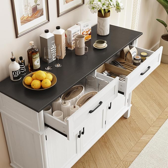 48 Inches Buffet Cabinet with Storage, Farmhouse Sideboard Buffet w/2 Drawers and 3 Doors, Wood Coffee Bar Cabinet with Adjustable Shelves, Sideboard Storage for Kitchen, Living Room, Off White&Black