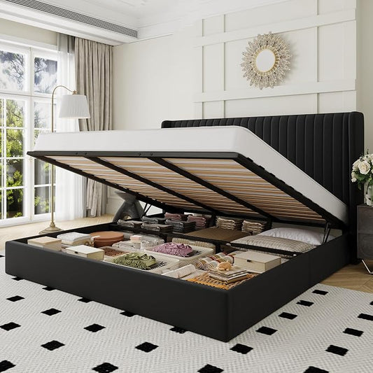 Allewie King Size Lift Up Storage Bed Frame, Hydraulic Support System, Upholstered Platform Bed Frame, Underneath Storage, Vertical Channel Tufted Headboard with Wingback, No Box Spring Needed, Black
