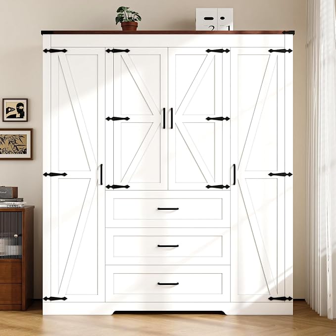 4 Door Armoire Wardrobe Closet Cabinet with 3 Drawers and Drawers, Farmhouse Bedroom Armoire with Hanging Rod and Adjustable Shelves, Large Capacity Storage Wardrobe Armoire for Bedroom, White