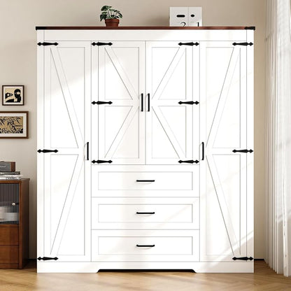 4 Door Armoire Wardrobe Closet Cabinet with 3 Drawers and Drawers, Farmhouse Bedroom Armoire with Hanging Rod and Adjustable Shelves, Large Capacity Storage Wardrobe Armoire for Bedroom, White