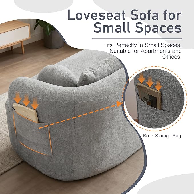 Loveseat Sofa for Small Space, 67.3" Boneless Love Seat Sofa with Side Pocket & 4 Pillows, Foam and Spring Filling, Soft Chenille for Living Room, Apartment, Bedroom, No Assembly