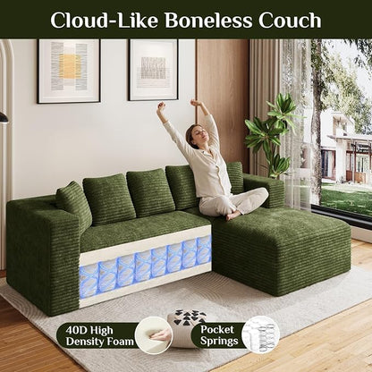 Oversized L Shaped Boneless Sectional Couches for Living Room, 107" Comfy Fluffy Cloud Modular Sectional Sofa, Plush Corduroy Memory Foam Floor Sofa with Right Facing Chaise Couch
