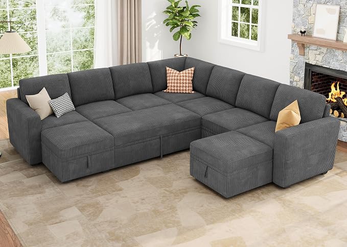 HONBAY Modular Sectional Sleeper Sofa with Pull Out Couch, Corduroy Oversized Sectional Couches Pull Out Bed with U Shaped Sleeper Storage for Living Room - Dark Grey