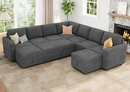 HONBAY Modular Sectional Sleeper Sofa with Pull Out Couch, Corduroy Oversized Sectional Couches Pull Out Bed with U Shaped Sleeper Storage for Living Room - Dark Grey