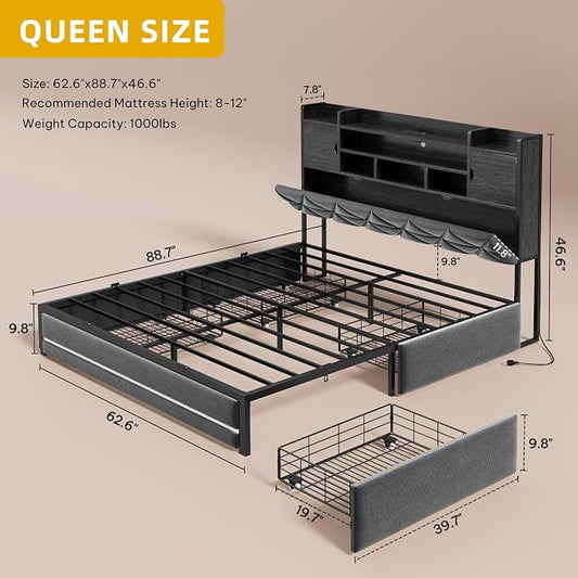 YITAHOME Queen Size Bed Frame with RGB LED Lights & Storage Bookcase Headboard, Upholstered Bed with Charging Station and 4 Drawers, No Box Spring Needed, Easy Assembly, Noise-Free, Velvet Grey