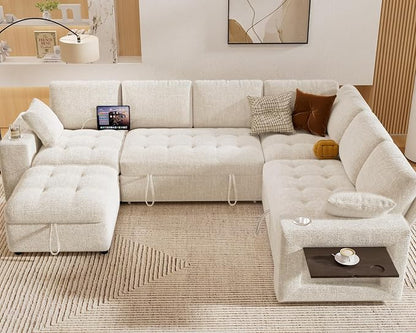 Vipbear 111" Modular Sectional Sleeper Sofa with Pull Out Bed, 7 Seat Chenille L Shaped Couch with Storage Ottoman|USB Ports|Cup Holders|Side Table|LED Light, Tool Free Assembly, Beige