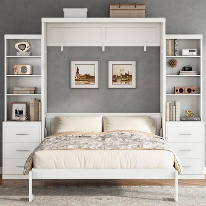 Murphy Bed Full Size,Murphy Bed with Storage Shelves and Drawers,Wall Bedframe w/Wood Slatk,can be Folded,No Box Spring Needed,for Bedroom Apartment,White