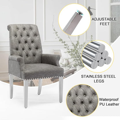 AODCHR Upholstered PU Leather Accent Dining Chair, Elegant Tufted Dining Room Kitchen Room Arm Chair with Stainless Steel Leg, Grey