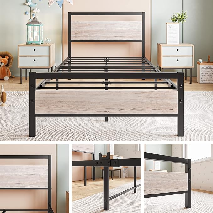 BOFENG Twin Bed Frame with Wood Headboard Farmhouse Bed,Heavy Duty Metal Platform Bed Frames No Box Spring Needed,Firm Mattress Foundation Steel Slat Support Easy Assembly(Natural Oak)