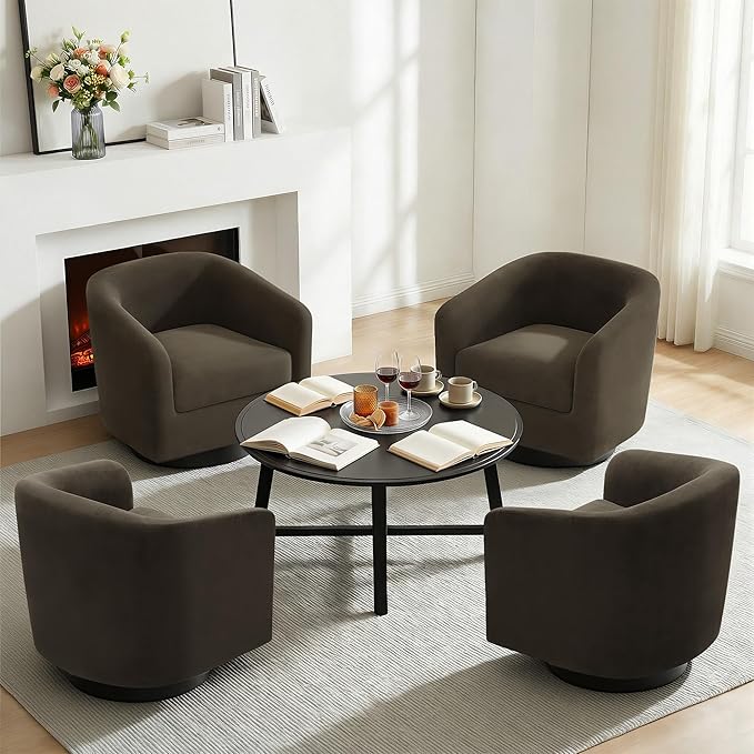 Swivel Barrel Accent Chair, Modern Round Chenille Fabric Arm Chair for Living Room, Bedroom, Comfy Club Reading Chairs for Adults（Velvet Coffee, Set of 4