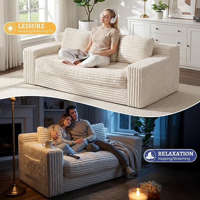Boneless Couch, Cloud Loveseat Sofa Corduroy Couch in a Box, Upholstered Boneless 3 Seater Couch for Living Room Bedroom Office Apartment, No Assembly Required, Beige