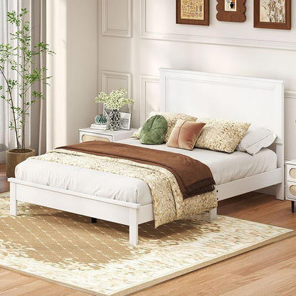 GOFLAME Full Size Wood Bed Frame, Mid-Century Modern Platform Bed with Headboard, Solid Wood Legs, Mattress Foundation with 12 Wooden Slats, No Box Spring Needed, White