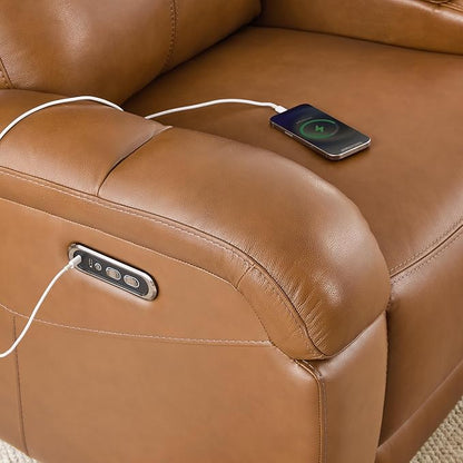 Watson & Whitely Genuine Leather Power Loveseat Recliner Sofa, Wall Hugger Loveseat Reclining Sofa with Storage Console, Power Headrest, Cup Holders, Dual Recliners for Living Room, RV, Saddle Brown
