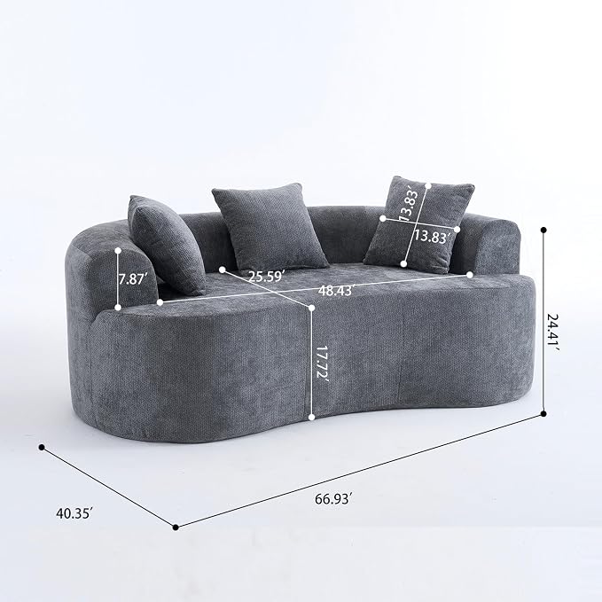 67" Cloud Curved Loveseat Sofa, Deep Seat Boneless Love Seat Couches with 3 Throw Pillows, Modern Chenille 2 Seater Compressed Floor Loveseat Sofa for Living Room Small Spaces, No Assembly | Breathable material