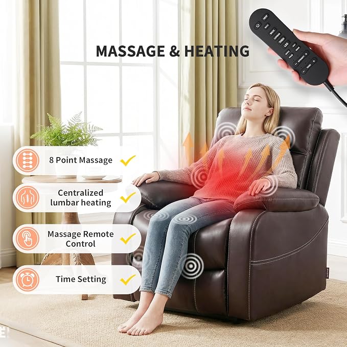 EONIX Power Zero Wall Hugger Power Recliner Chair for Small Space RV Living Room,Power Recliner with Massage and Heat, USB & USB-C Charging Ports, SXXY003992, Dark Brown