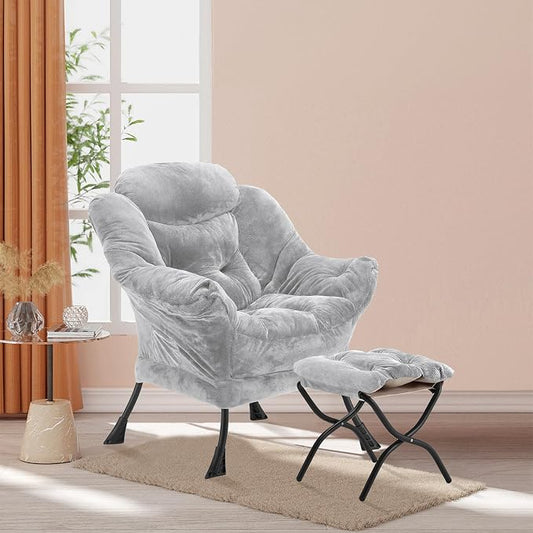Youtanic Lazy Chair with Folding Ottoman, Accent Chair Plush Upholstered with Metal Structure and Non-Slip Pads, Sofa Armchair with Footrest and Side Storage Bag for Dorm, Room, Office, Light Gray