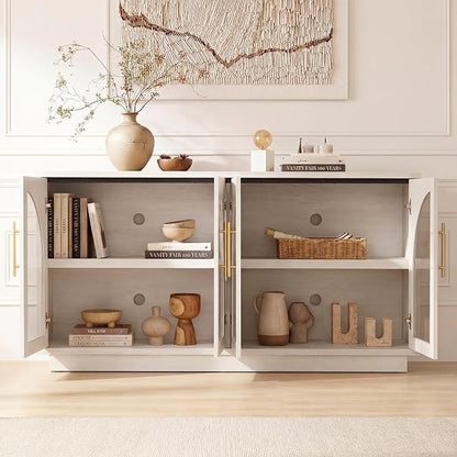 Fatmok 59" Buffet Cabinet with Glass Doors, Modern Arched Sideboard with Large Storage and Adjustable Shelves, Accent Console Credenza for Dining Room, Living Room, Entryway, White Wood Grain