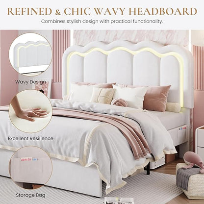 SHA CERLIN Upholstered Full Size Bed Frame with LED Lights and Large Storage Drawer, Velvet Platform Bed with Adjustable Wavy Headboard, Noise Free, Easy Assembly, No Box Spring Needed, Soft White