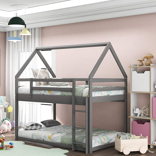 Merax Wood Montessori Bunk Bed with Ladder Twin Over Twin, Low Bunk Bed for Boys, Girls Space-Saving,No Box Spring Needed Gray