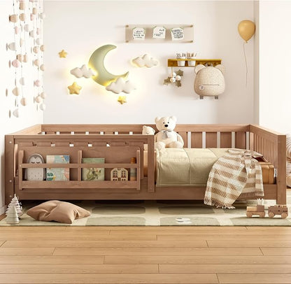 Bellemave Full Floor Bed with Slats and Rails, Full Size Montessori Floor Bed with Bookcase and Fence, Easy Assemble Montessori Beds for Girls, Boys, Natural Floor Beds