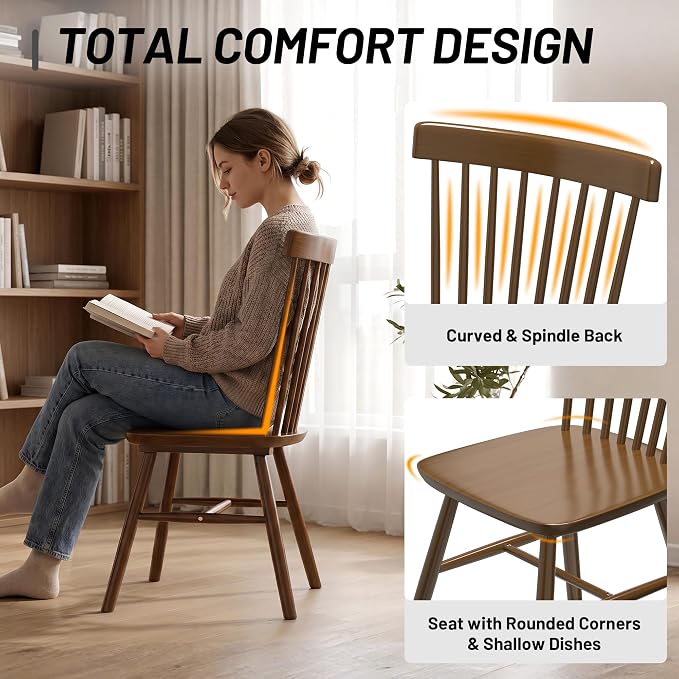 AreShark Windsor Dining Chairs, Farmhouse Wooden Dining Room Chairs, Solid Wood Kitchen Chairs with Spindle Back Set of 6, Walnut