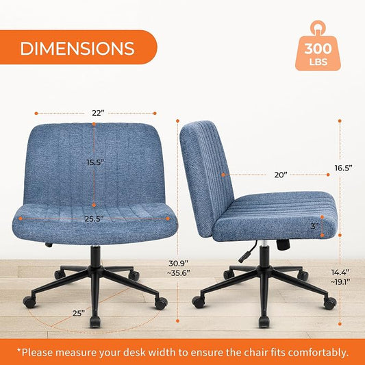 Orange Factory Criss Cross Chair Wheels Wide Cross Legged Office Desk Vanity Dual Base Comfy Fabric Armless Adjustable Swivel for Home Computer Task (Blue Dual Base, Fabric)