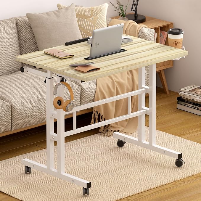 SogesHome 31.5 inch Mobile Standing Desk Adjustable Computer Desk Rolling Laptop Cart Portable Laptop Stand on Wheels Home Office Workstation with Cup Holder,Headphone Holder, Upgrade Maple