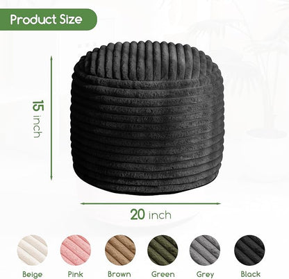 HIGOGOGO Round Stuffed Pouf Ottoman, Corduroy Poufs with High-Density Foam Filling, Furry and Fluffy Pouf Foot Stool Storage Ottoman, 20 X 15 Floor Poufs Foot Rest for Living Room, Black