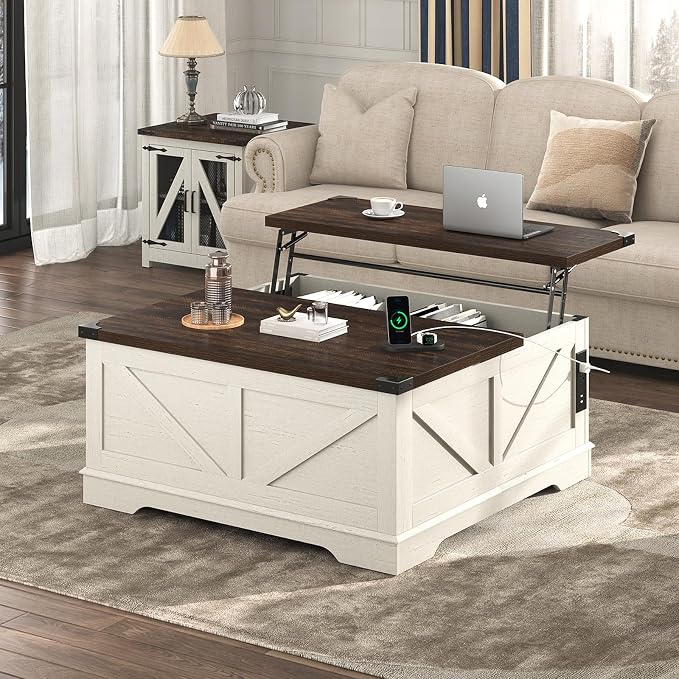 Hlivelood 40” Large Farmhouse Lift Top Coffee Table with Power Outlets and Large Hidden Storage, Square Wood Living Room Tables, Multi-Function Lift Wooden Barn Door Center Table, Rustic White
