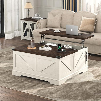 Hlivelood 40” Large Farmhouse Lift Top Coffee Table with Power Outlets and Large Hidden Storage, Square Wood Living Room Tables, Multi-Function Lift Wooden Barn Door Center Table, Rustic White