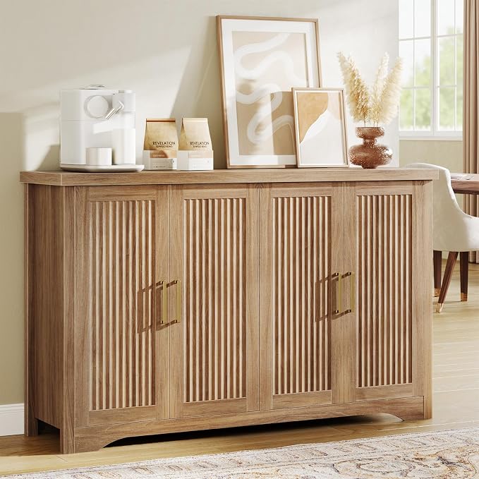 Memobarco Fluted Buffet Cabinet with Storage Accent Sideboard,Modern Credenza with 4 Doors & Adjustable Shelves,Wood Coffee Bar Table Console for Dining Room Kitchen Living Room Entryway,Natural Oak