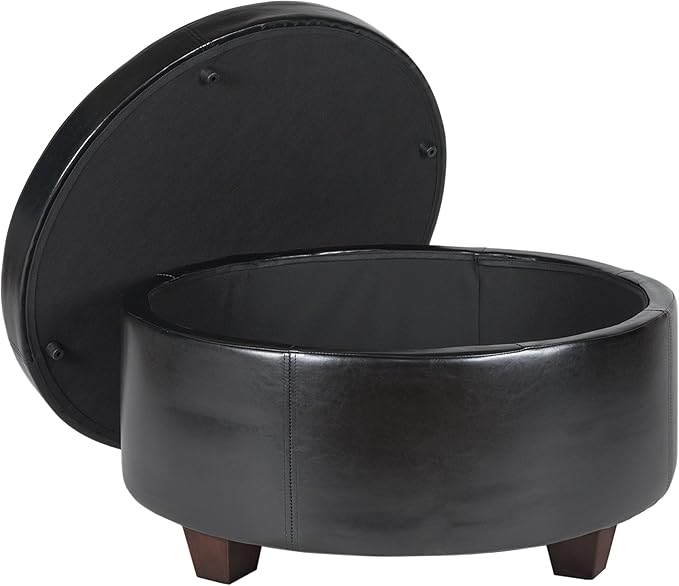 HomePop 32" Large Tufted Round Storage Ottoman - Black Faux Leather