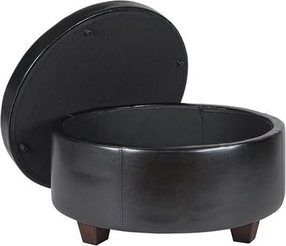 HomePop 32" Large Tufted Round Storage Ottoman - Black Faux Leather