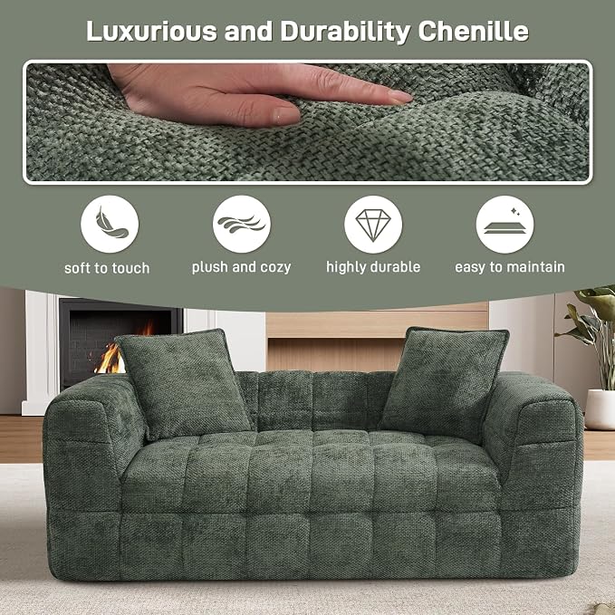 66.5" Loveseat Boneless Couch,Comfy Cloud Sectional Sofa with Deep Seat,Modern Upholstered Chenille Love Seat Sofa, Small Couches for Living Room, No Assembly Required Tufted Sofas, Green