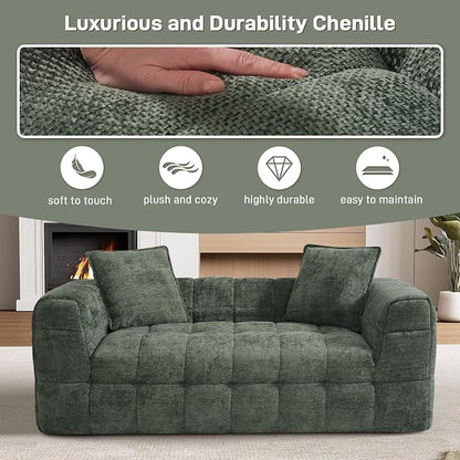 66.5" Loveseat Boneless Couch,Comfy Cloud Sectional Sofa with Deep Seat,Modern Upholstered Chenille Love Seat Sofa, Small Couches for Living Room, No Assembly Required Tufted Sofas, Green