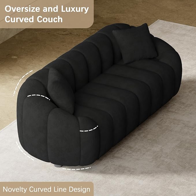 92" Oversized Minimalistic Boucle Sofa for Living Room, Luxury Plush Extra Deep Seat Tufted Sofa, Modern Comfy Curved Cloud Couch, Upholstered 3-Seater Chenille Couches, Black